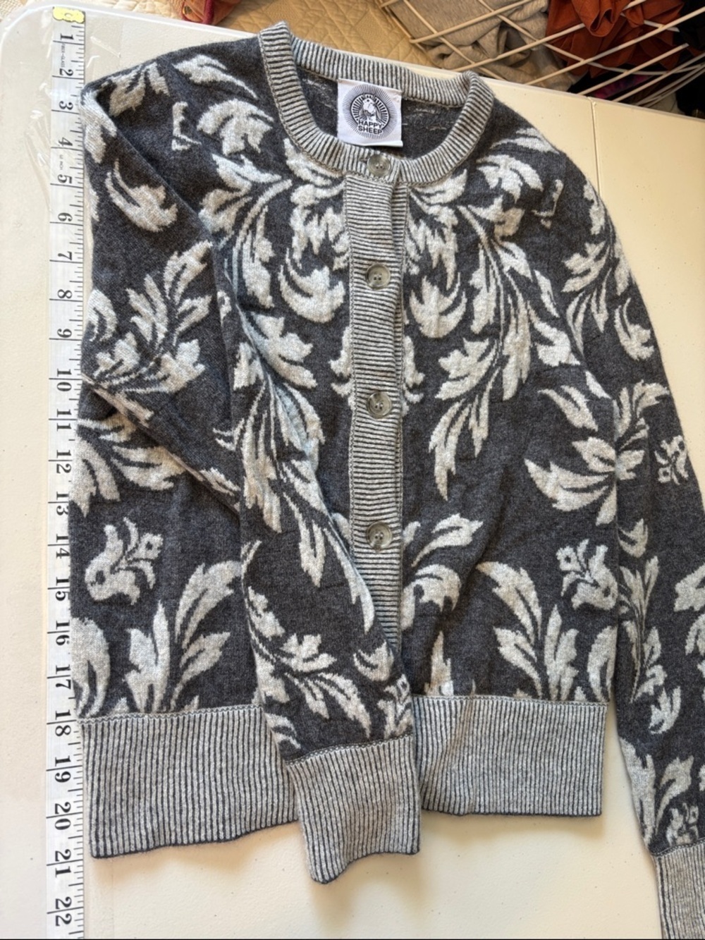 Happy Sheep Wool Jacquard Cardigan Size Medium Crewneck Old Money Quiet Luxury - Picture 7 of 13